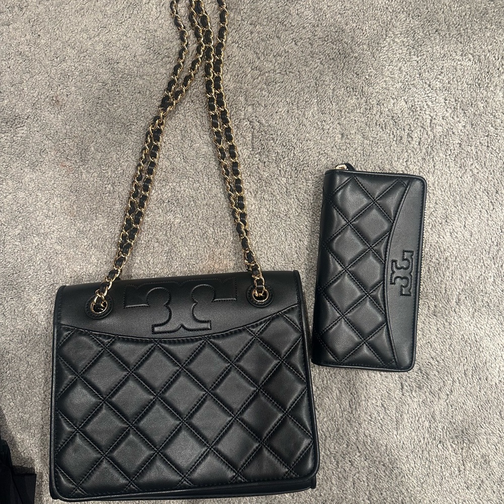 Tory Burch Black Quilted Shoulder Bag and Wallet